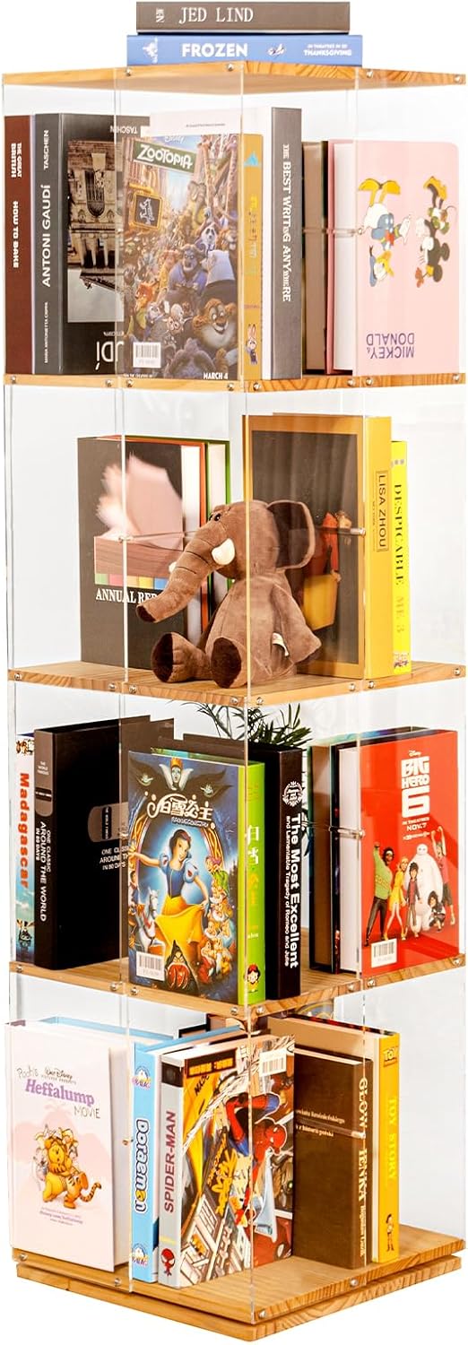 4-Tier 360° Rotating Solid Wood & Acrylic Bookshelf — Space-Saving, Versatile Use