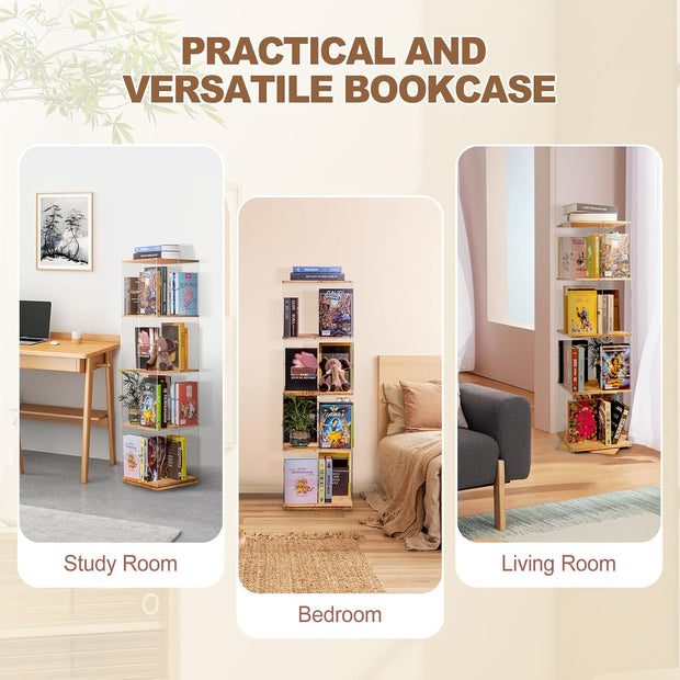 4-Tier 360° Rotating Solid Wood & Acrylic Bookshelf — Space-Saving, Versatile Use