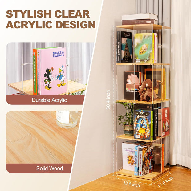 4-Tier 360° Rotating Solid Wood & Acrylic Bookshelf — Space-Saving, Versatile Use