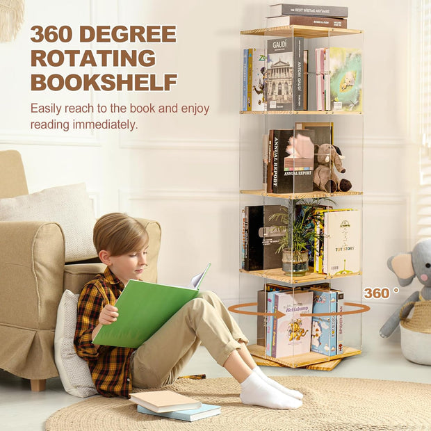 4-Tier 360° Rotating Solid Wood & Acrylic Bookshelf — Space-Saving, Versatile Use